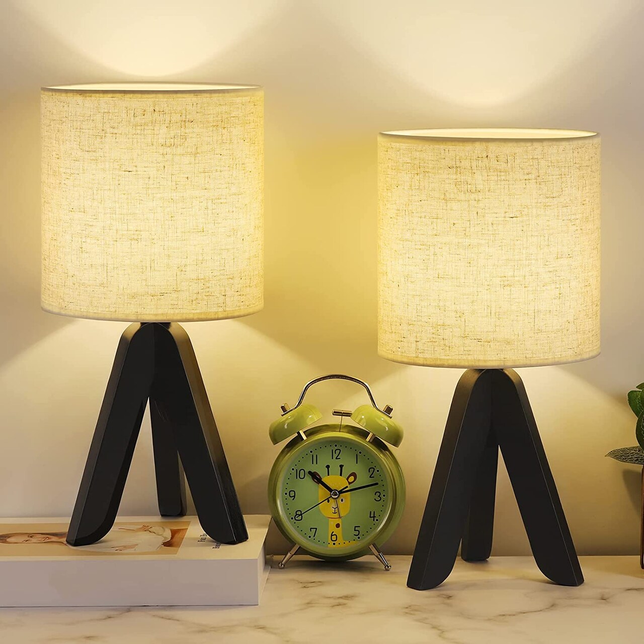 Black Wooden Tripod Table Lamp, Beige Linen Fabric Shade Bedside Night Lamp with 67In Long Cord & Inline Push Switch